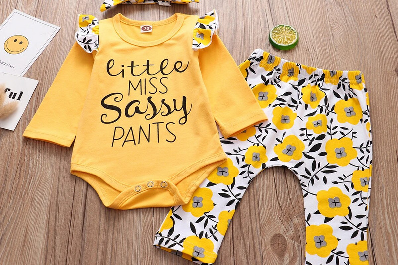 Újszülött baba ruhák lányoknak 3 DB készletek Aranyos Little Miss Sassy nadrág felsők + nadrágok + fejpánt Bebe gyerek lányok ruházati felszerelések