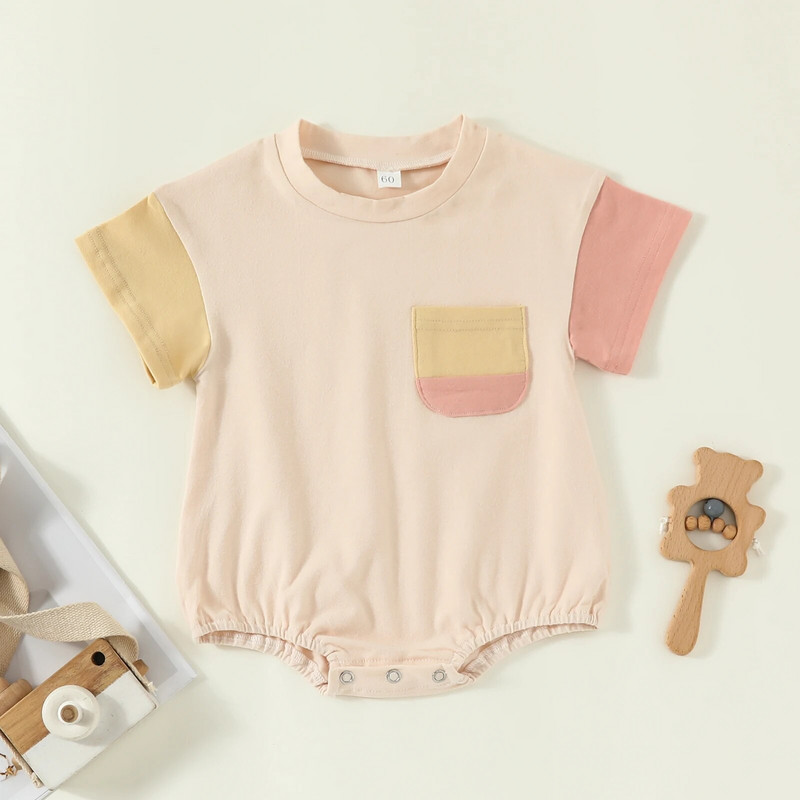 ma&baby 0-24M újszülött csecsemő baba lány fiú póló aranyos patchwork zseb kisgyermek kombiné rövid ujjú nyári ruha