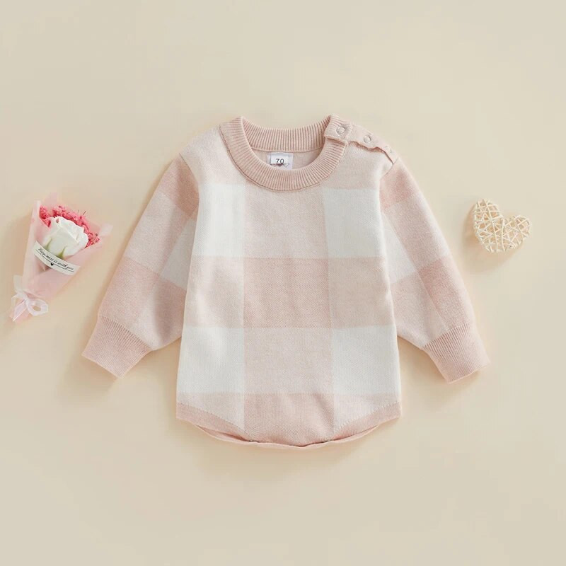 ma&baby 0-24M újszülött kisbaba kötött csecsemő fiú lány jumpsuit kockás nyomtatott hosszú ujjú meleg őszi tavaszi ruha