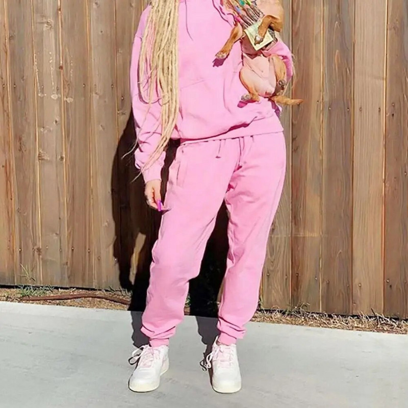 Egyszínű női hosszú ujjú kapucnis sport alkalmi pulóver, nadrágkosztüm