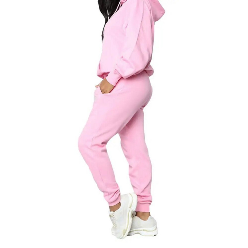 Egyszínű női hosszú ujjú kapucnis sport alkalmi pulóver, nadrágkosztüm