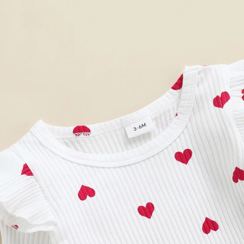 Valentin-napi csecsemő kislány kétrészes öltöny, szív mintás fodros hosszú ujjú, O-nyakú fodros felsők + kordbársony függőszoknya