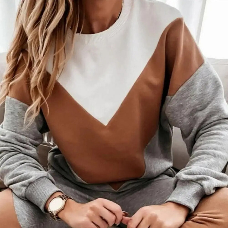 Alkalmi női téli őszi sportruhák tréningruhák Splicing Femme kétrészes készletek pulóver felső bő hosszú nadrág kocogó ruhák