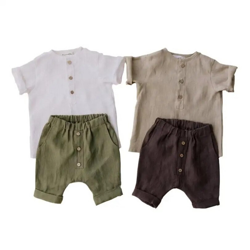 Vintage vászon pamut fiú ing tipegő gyerekek baba nyári alkalmi ruha készletek tömör rövid ujjú póló felsők és nadrágok felszerelés