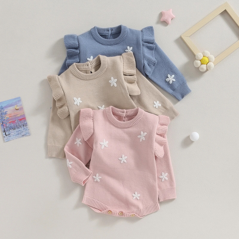 ma&baby 0-18M újszülött csecsemő lányoknak kötött virágos hímzés hosszú ujjú fodros kombinékok meleg őszi téli ruházat