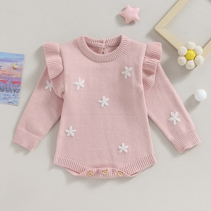 ma&baby 0-18M újszülött csecsemő lányoknak kötött virágos hímzés hosszú ujjú fodros kombinékok meleg őszi téli ruházat