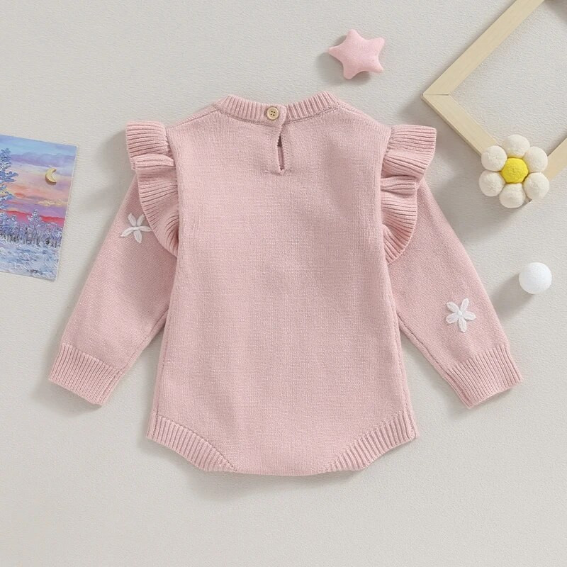 ma&baby 0-18M újszülött csecsemő lányoknak kötött virágos hímzés hosszú ujjú fodros kombinékok meleg őszi téli ruházat