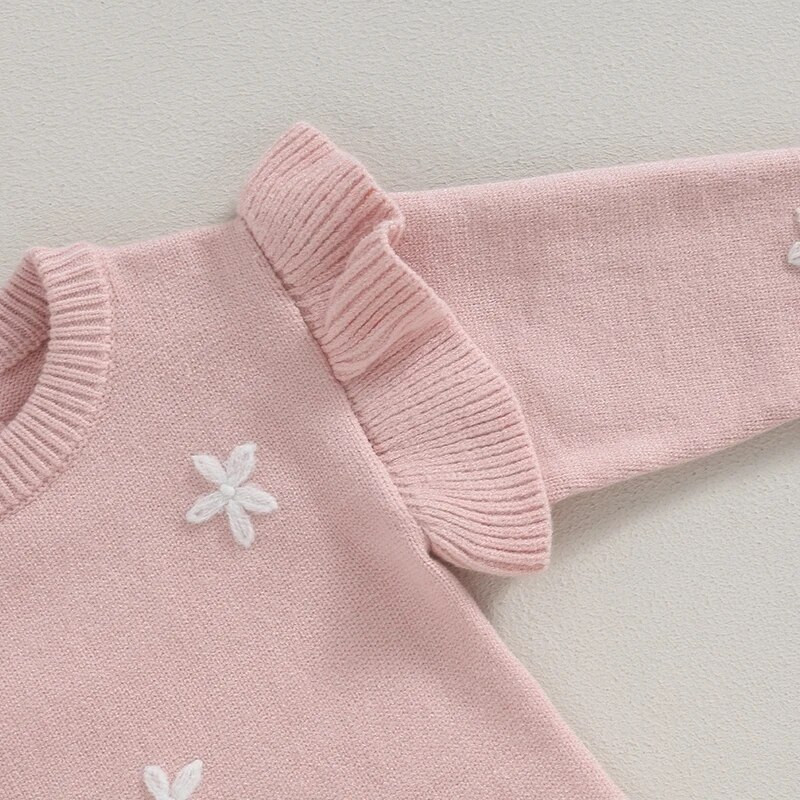 ma&baby 0-18M újszülött csecsemő lányoknak kötött virágos hímzés hosszú ujjú fodros kombinékok meleg őszi téli ruházat