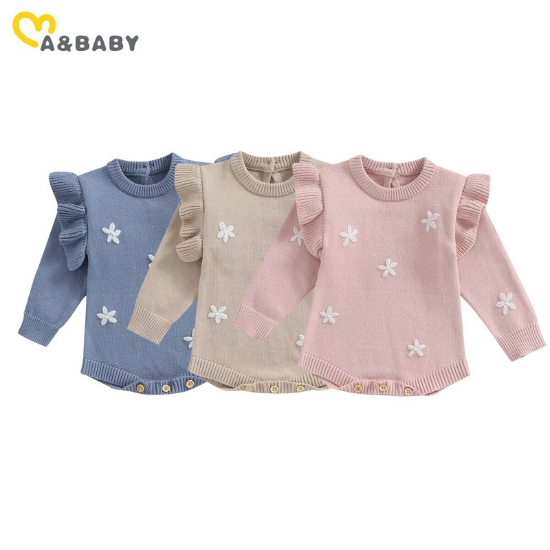 ma&baby 0-18M újszülött csecsemő lányoknak kötött virágos hímzés hosszú ujjú fodros kombinékok meleg őszi téli ruházat