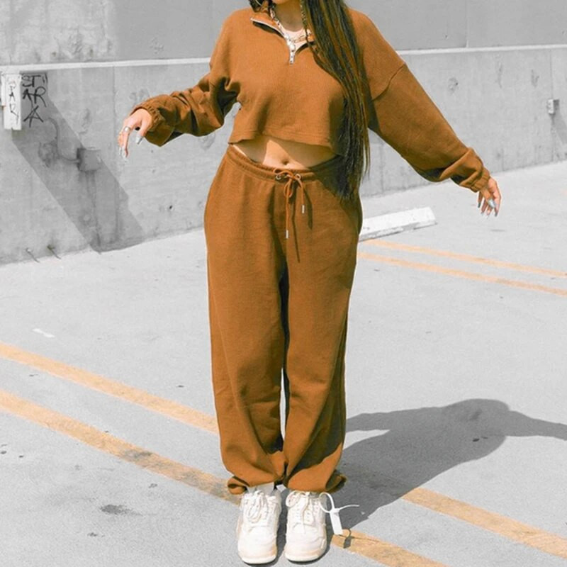 Street Style 2 részes szett női tréningruha sport ruha alkalmi felszerelés tömör hosszú ujjú pulóver Crop felső pulóver + kocogó nadrág