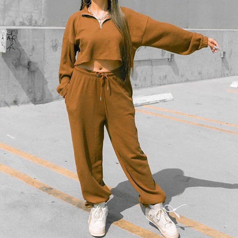 Street Style 2 részes szett női tréningruha sport ruha alkalmi felszerelés tömör hosszú ujjú pulóver Crop felső pulóver + kocogó nadrág