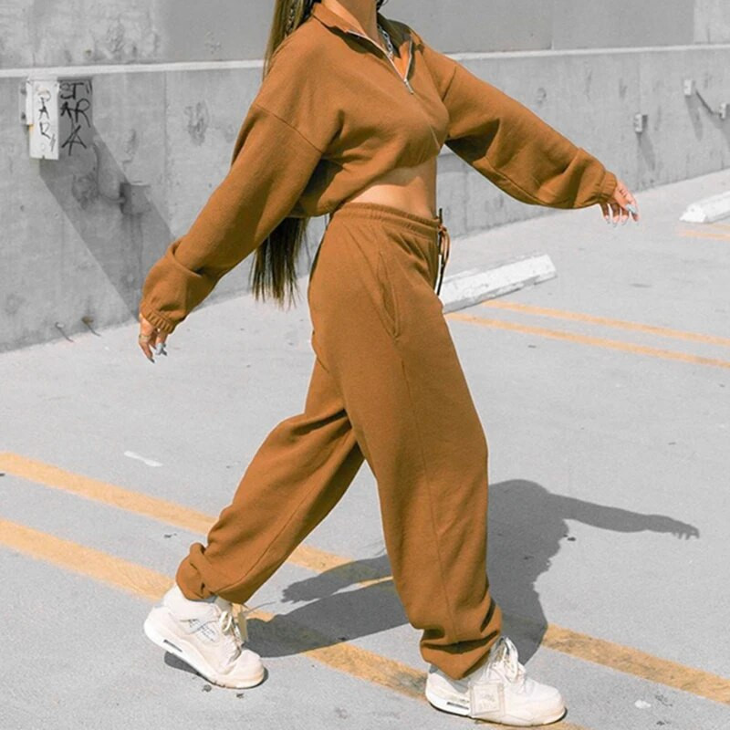 Street Style 2 részes szett női tréningruha sport ruha alkalmi felszerelés tömör hosszú ujjú pulóver Crop felső pulóver + kocogó nadrág