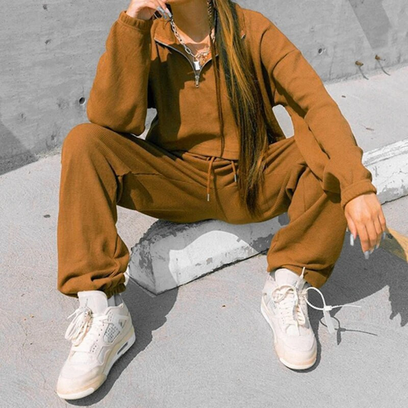 Street Style 2 részes szett női tréningruha sport ruha alkalmi felszerelés tömör hosszú ujjú pulóver Crop felső pulóver + kocogó nadrág