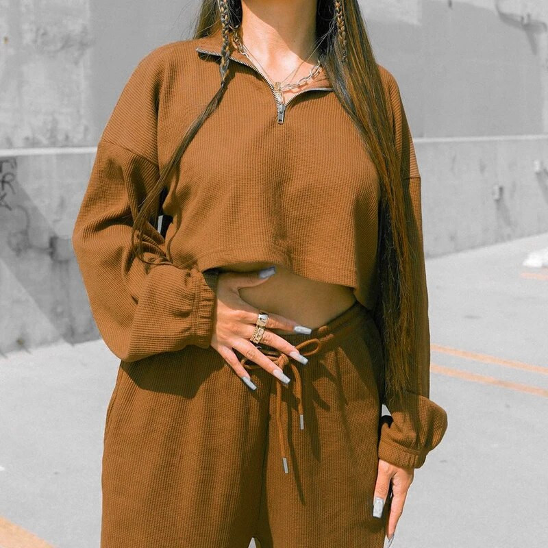 Street Style 2 részes szett női tréningruha sport ruha alkalmi felszerelés tömör hosszú ujjú pulóver Crop felső pulóver + kocogó nadrág