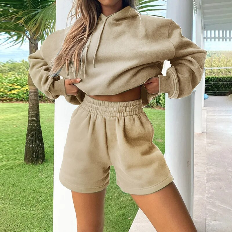 2021-es őszi téli pulóver 2 db szett tömör tréningruha, női bő, hosszú ujjú pulóver kapucnis pulóver + rövidnadrág utcai alkalmi sportruha