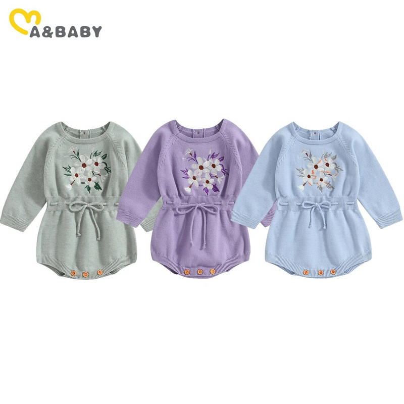 ma&baby 0-24M Újszülött Kislány Kisgyermek Kisgyermek Csecsemő Lányok Kötött Téli Őszi Jumpsuit Virág Hímzés Meleg Ruha