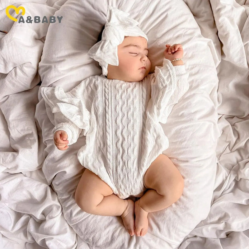 ma&baby 0-24M újszülött csecsemő lány kisgyermek totyogó baba fodros hosszú ujjú jumpsuit játszóruha egyszínű őszi tavaszi ruházat