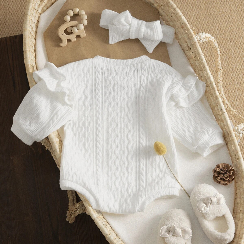 ma&baby 0-24M újszülött csecsemő lány kisgyermek totyogó baba fodros hosszú ujjú jumpsuit játszóruha egyszínű őszi tavaszi ruházat