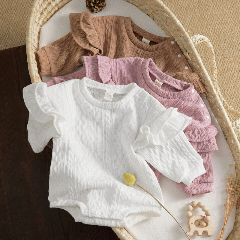 ma&baby 0-24M újszülött csecsemő lány kisgyermek totyogó baba fodros hosszú ujjú jumpsuit játszóruha egyszínű őszi tavaszi ruházat