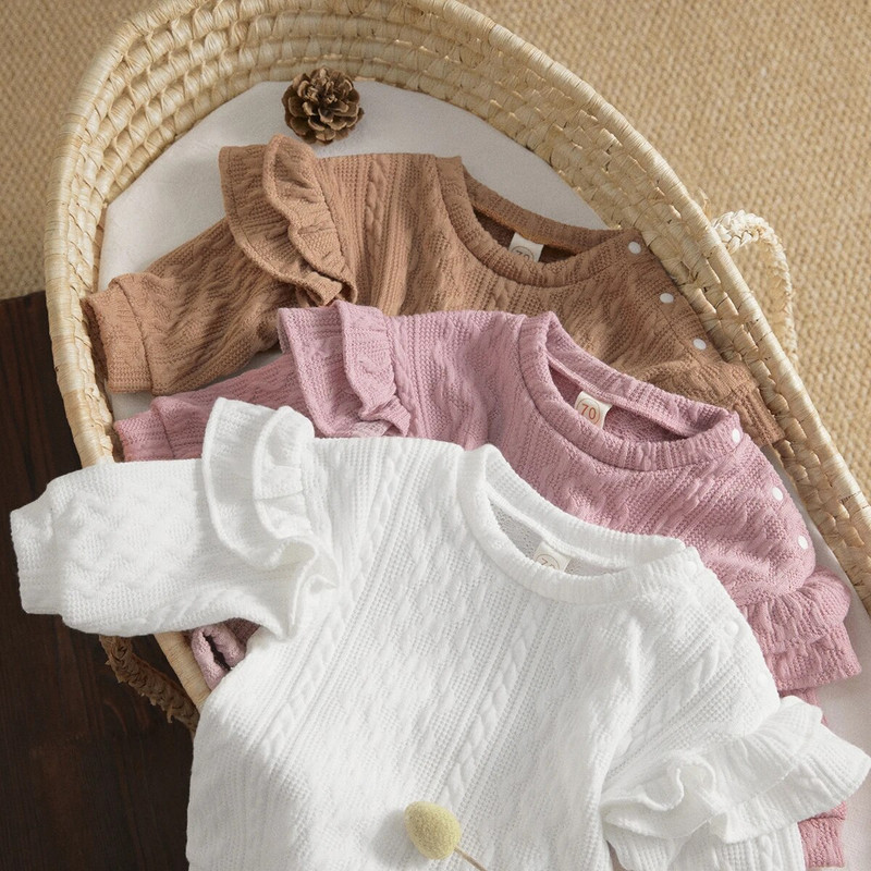 ma&baby 0-24M újszülött csecsemő lány kisgyermek totyogó baba fodros hosszú ujjú jumpsuit játszóruha egyszínű őszi tavaszi ruházat