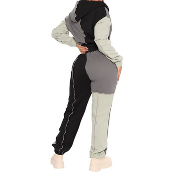 Моден пачуърк комплект от 2 части за 2021 г. Дамски анцуг с дълъг ръкав и цип, суичър с качулка + панталони за джогинг Уличен спортен ежедневен костюм