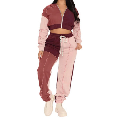 2021 Fashion Patchwork 2 τεμαχίων Γυναικεία φόρμα αθλητικής φόρμας με μακρυμάνικο φερμουάρ με κομμένο τζάκετ Hoodie+Jogger Pants Street Sport Casual κοστούμι