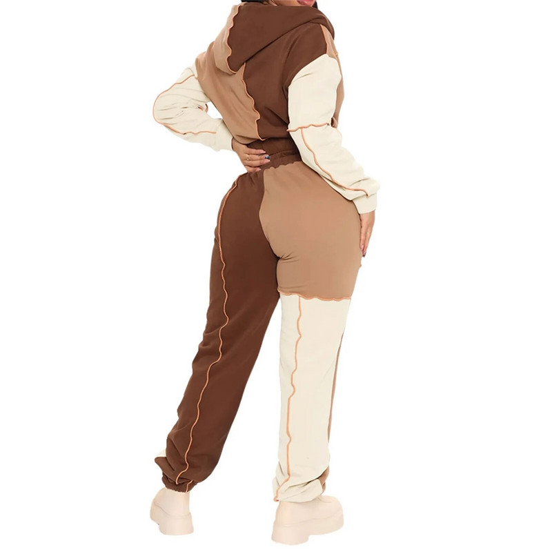 2021-es divatos Patchwork 2 részes szett női tréningruha, hosszú ujjú, cipzáras, rövidített dzseki kapucnis kapucnis + kocogónadrág utcai sport alkalmi öltöny