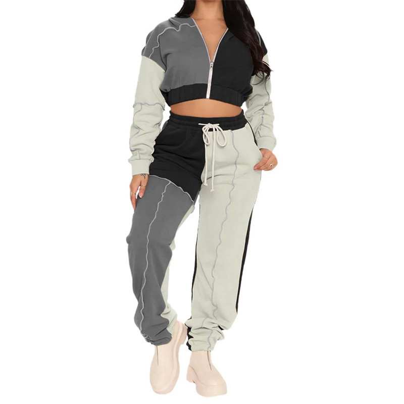 2021-es divatos Patchwork 2 részes szett női tréningruha, hosszú ujjú, cipzáras, rövidített dzseki kapucnis kapucnis + kocogónadrág utcai sport alkalmi öltöny