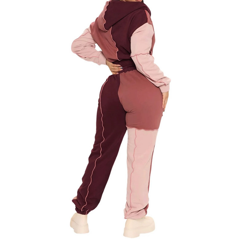 2021-es divatos Patchwork 2 részes szett női tréningruha, hosszú ujjú, cipzáras, rövidített dzseki kapucnis kapucnis + kocogónadrág utcai sport alkalmi öltöny