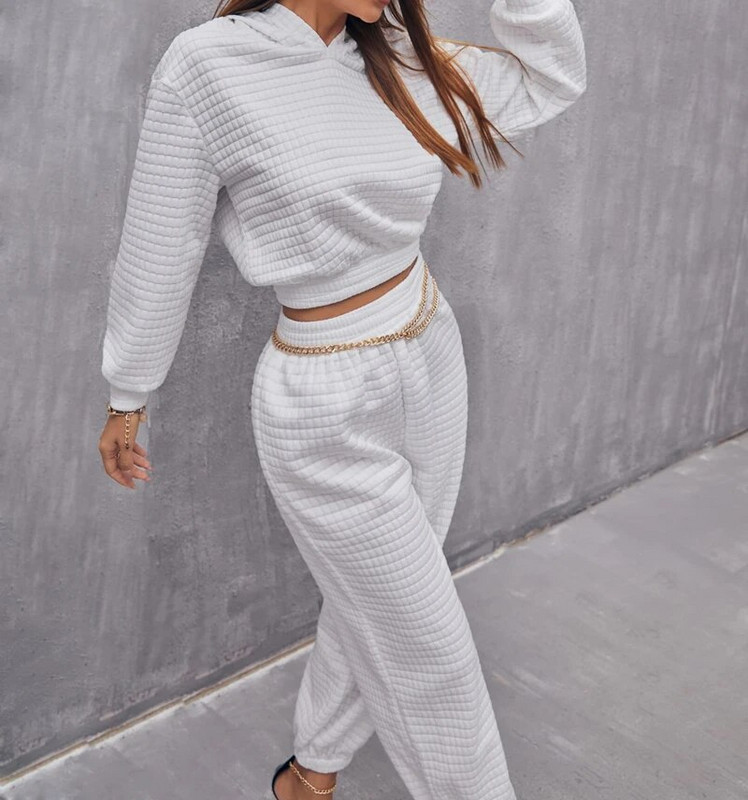 2021-es divatos gofri 2 részes női szett Női tréningruha Sport öltöny Alkalmi outfit hosszú ujjú Crop felső kapucnis + nadrág utcai viselet
