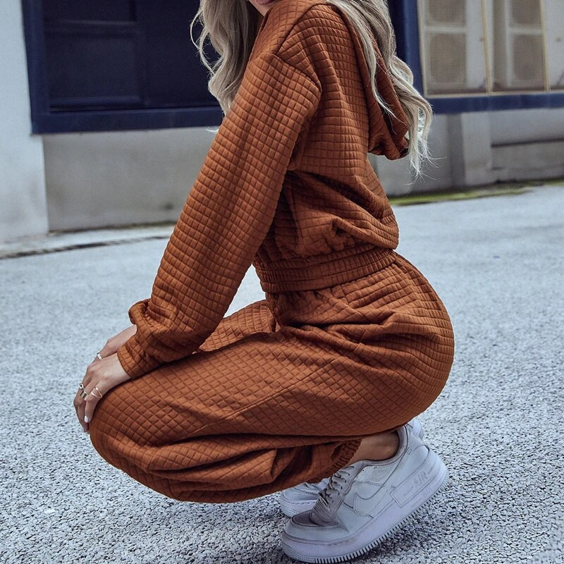 2021-es divatos gofri 2 részes női szett Női tréningruha Sport öltöny Alkalmi outfit hosszú ujjú Crop felső kapucnis + nadrág utcai viselet