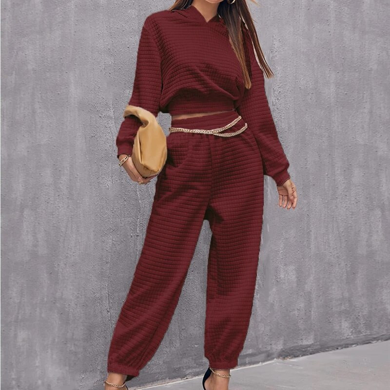 2021-es divatos gofri 2 részes női szett Női tréningruha Sport öltöny Alkalmi outfit hosszú ujjú Crop felső kapucnis + nadrág utcai viselet