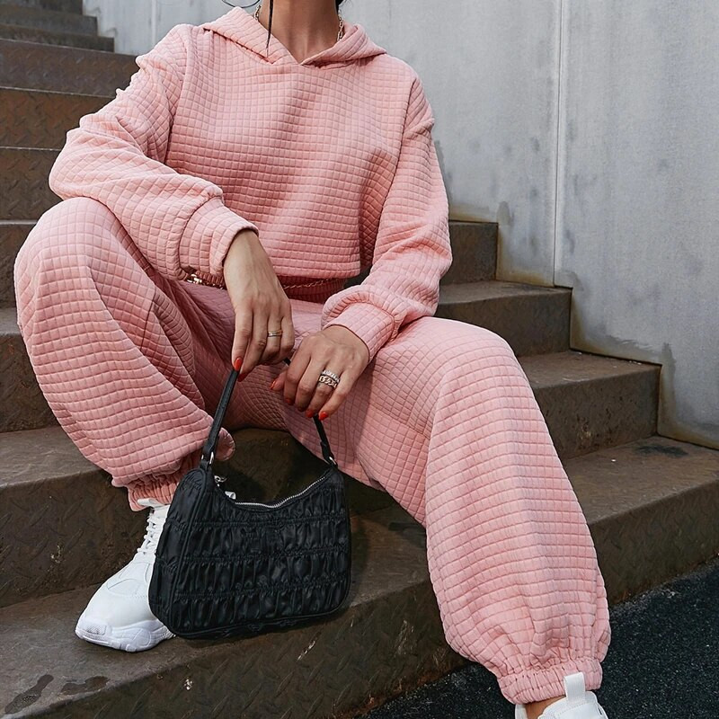 2021-es divatos gofri 2 részes női szett Női tréningruha Sport öltöny Alkalmi outfit hosszú ujjú Crop felső kapucnis + nadrág utcai viselet