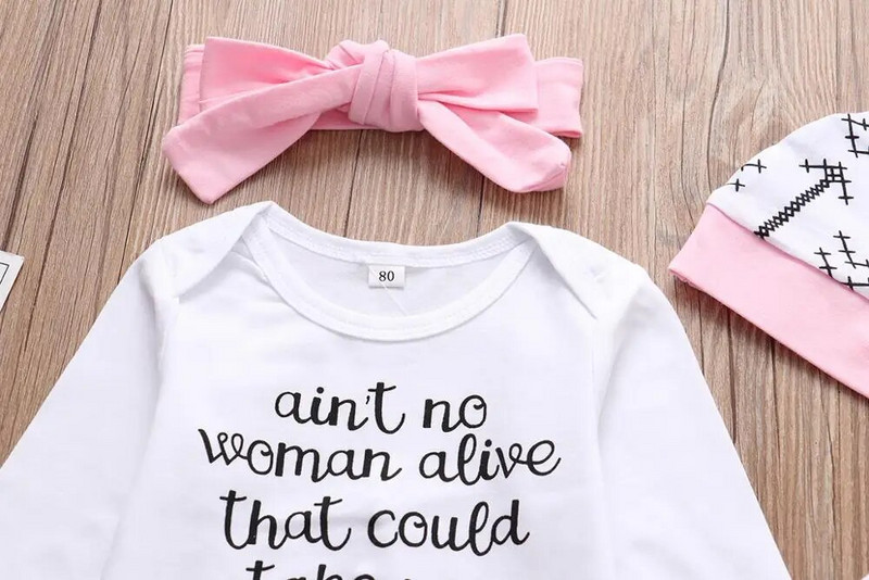 4 darab!! Ruhakészletek újszülött kislányokhoz 2019 tavaszi betűvel nyomtatott kombinék+Nyíl nadrágok csecsemő babaruhák ruhái