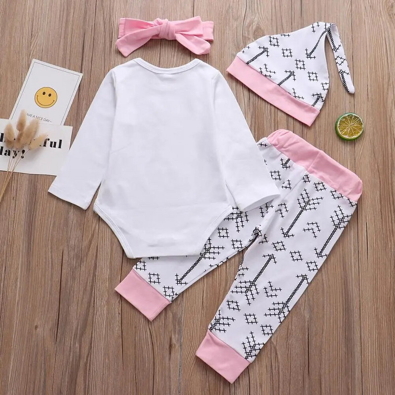 4 darab!! Ruhakészletek újszülött kislányokhoz 2019 tavaszi betűvel nyomtatott kombinék+Nyíl nadrágok csecsemő babaruhák ruhái