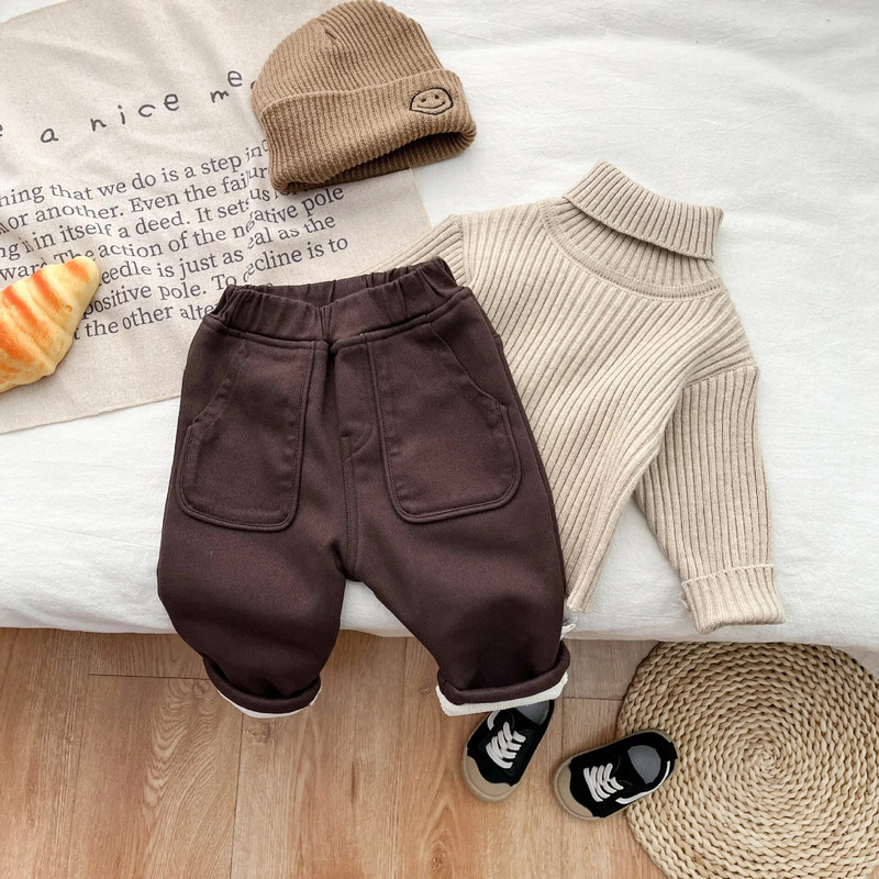 Őszi tél új divat baba plusz bársony vastag meleg alkalmi nadrág Retro Solid lány gyerek polár melegítő nadrág fiú pamut nadrág