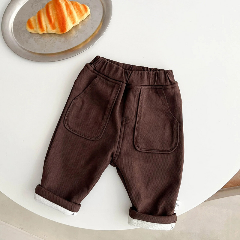 Őszi tél új divat baba plusz bársony vastag meleg alkalmi nadrág Retro Solid lány gyerek polár melegítő nadrág fiú pamut nadrág