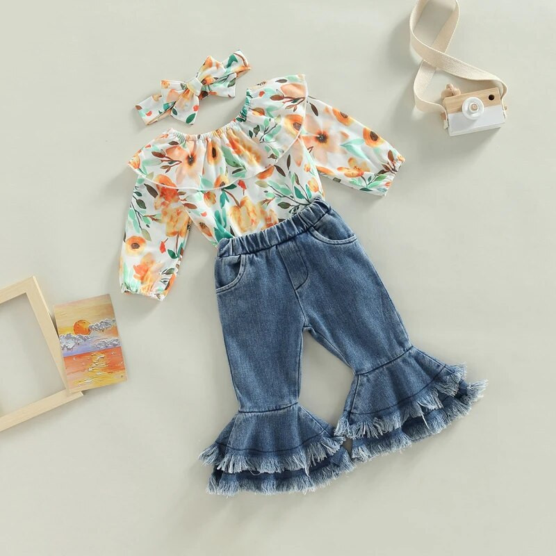 Csecsemő újszülött kislányoknak, 3 db-os ruházati szett, hosszú ujjú virágos nadrág + farmer nadrág + fejpánt