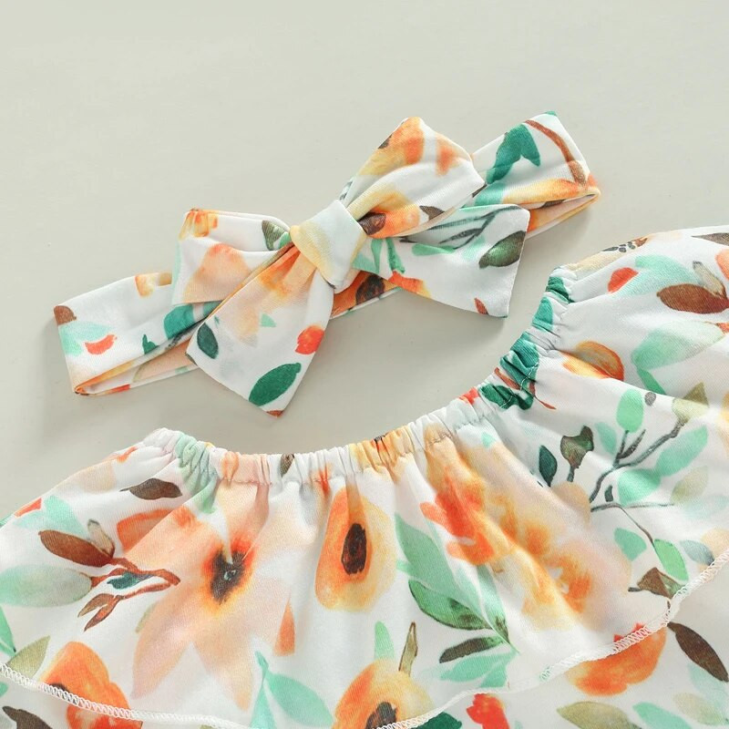 Csecsemő újszülött kislányoknak, 3 db-os ruházati szett, hosszú ujjú virágos nadrág + farmer nadrág + fejpánt