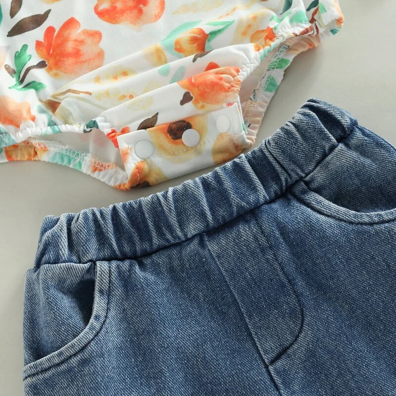 Csecsemő újszülött kislányoknak, 3 db-os ruházati szett, hosszú ujjú virágos nadrág + farmer nadrág + fejpánt