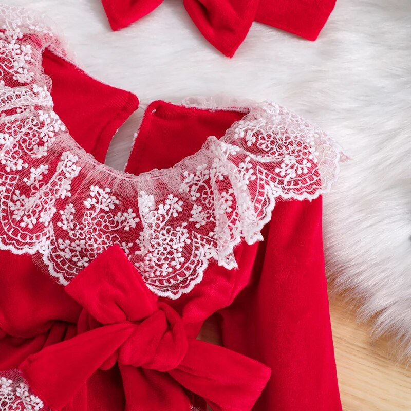 Kislány karácsonyi alkalmi nadrág hosszú ujjú, csipkegallérral, masnival, piros fejpánttal