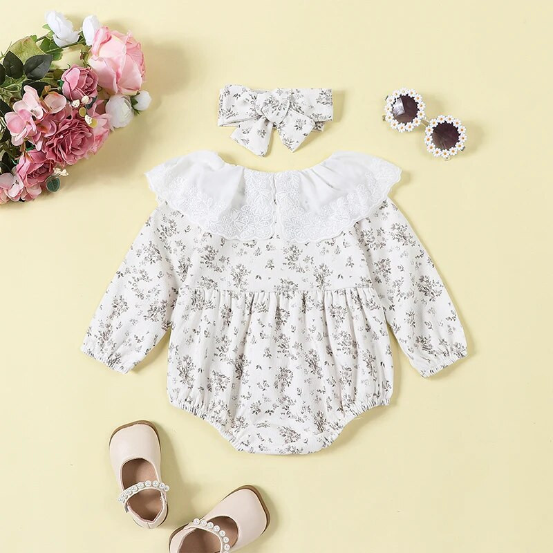 Csecsemő kislány virágos nadrág fejpánttal, hosszú ujjú baba gallérral, gyerekruházattal