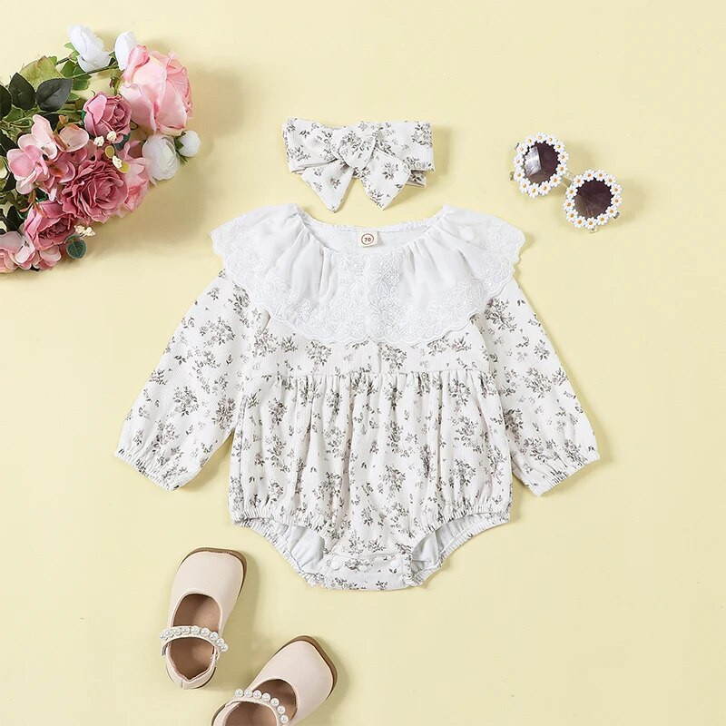 Csecsemő kislány virágos nadrág fejpánttal, hosszú ujjú baba gallérral, gyerekruházattal
