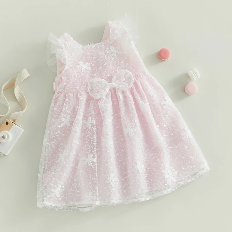 Kisgyermek újszülött csecsemő baba lány ruha légy ujjú masni díszítéssel Csipke A-vonalú ruhák lányoknak születésnapi esküvői parti nyáron