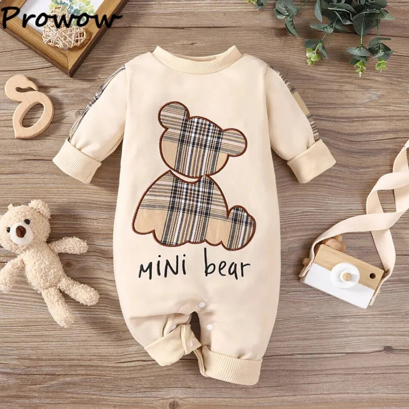 Prowow 0-18M Babanadrág lányoknak Fiúknak Rajzfilm Kockás Medve Jumpsuit Téli Body Csecsemők Ruhák Újszülötteknek