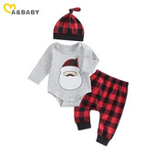ma&baby 0-18 εκ. Χριστουγεννιάτικα Νεογέννητα Βρέφη Βρέφη Αγόρια Κορίτσια Σετ Ρούχα Μακρυμάνικα Santa Romper καρό παντελόνι καπέλο Χριστουγεννιάτικα ρούχα