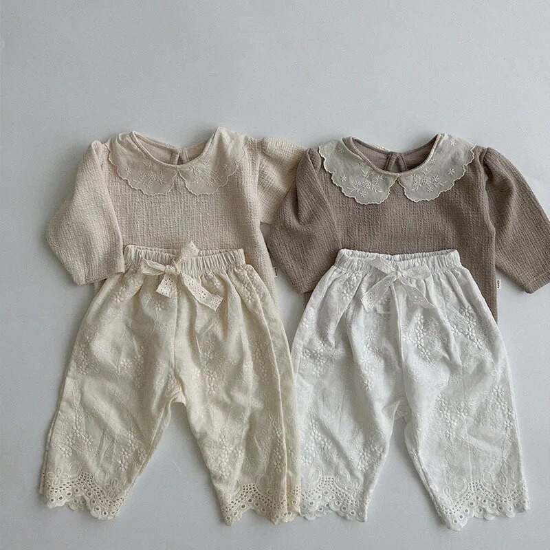 Tavasz és nyár lány csipkedekorációs masnis nadrágok baba bő virágos alkalmi nadrágok tipegő strapabíró sokoldalú vékony nadrágok lányoknak