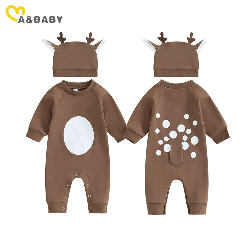 ma&baby 0-18M karácsonyi újszülött csecsemő kisfiú lány jumpsuit hosszú ujjú szarvas nadrág + sapka aranyos karácsonyi jelmezek