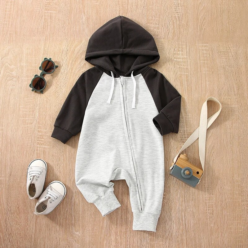 Kisgyermek kapucnis Jumpsuit Alkalmi csíkos/egyszínű hosszú ujjú, cipzáras nadrág csecsemő lányokhoz fiú ruhákhoz