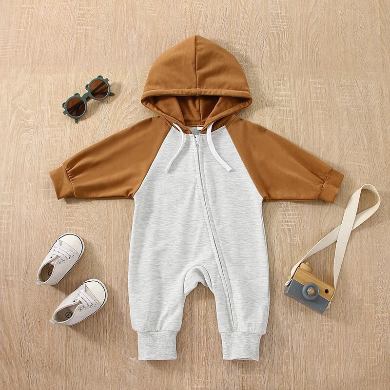 Kisgyermek kapucnis Jumpsuit Alkalmi csíkos/egyszínű hosszú ujjú, cipzáras nadrág csecsemő lányokhoz fiú ruhákhoz